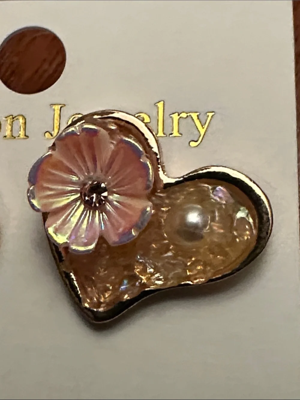 Fashion Jewelry Gold Heart Earrings with Pink Floral Accent